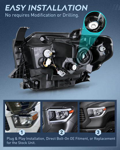 LED DRL Headlight Assembly Compatible with 2014 - 2021 Toyota Tundra Black