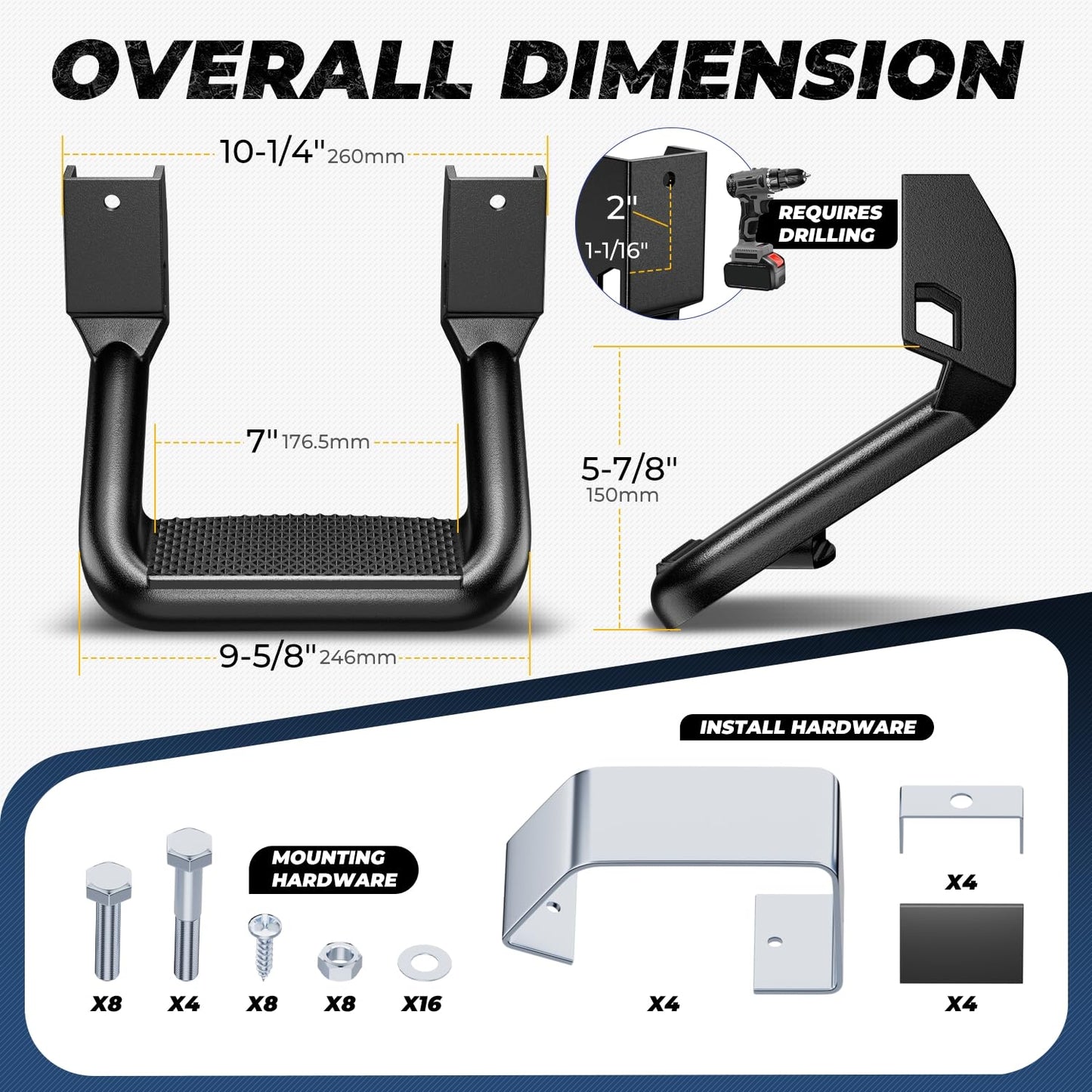 Universal Aluminum Side Step with Mounting Brackets for Pickups & Trucks