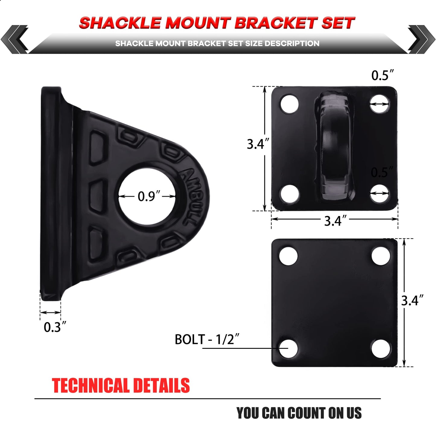 2 Pcs 5-TON Bolt-On D-Ring Clevis Mount Bracket with Backer Plate