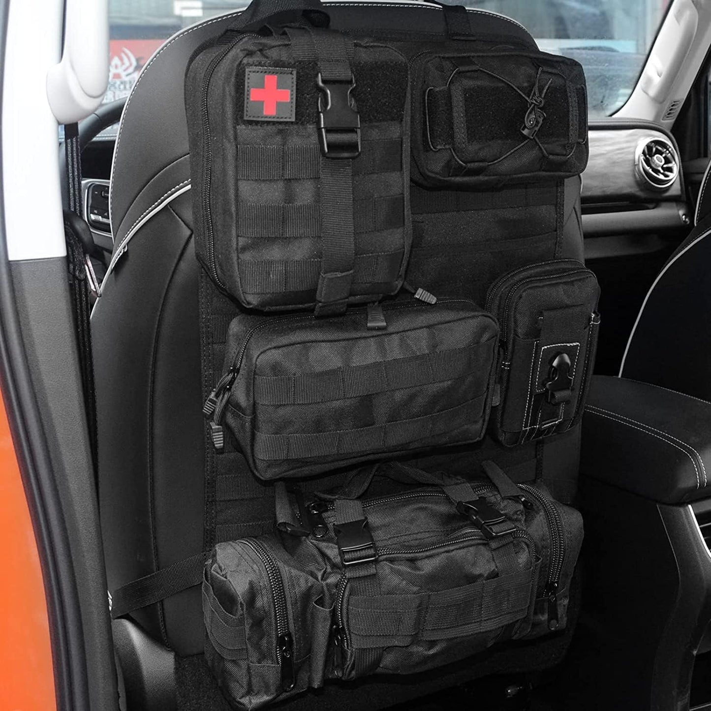 Universal Tactical Car Seat Back Organizer Patrol Bag Tactical Molle Vehicle Organizers with 5 Detachable Molle Pouches Multi-function Designed