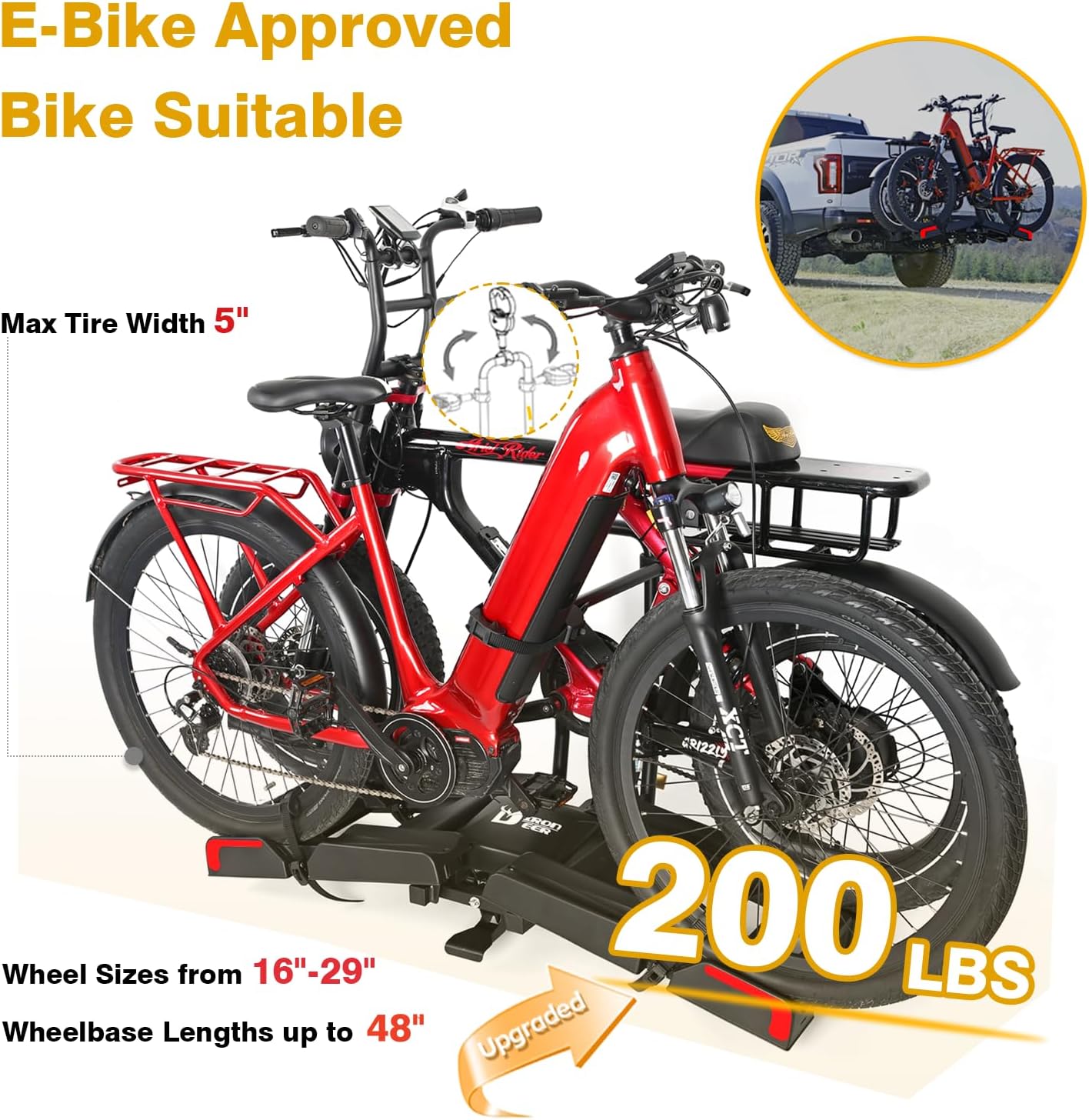 200lbs EBike Rack with Ramp for 2 E-Bikes, Hitch EBike Rack for Cars SUVs Trucks for Tow Hitch 2" Receiver