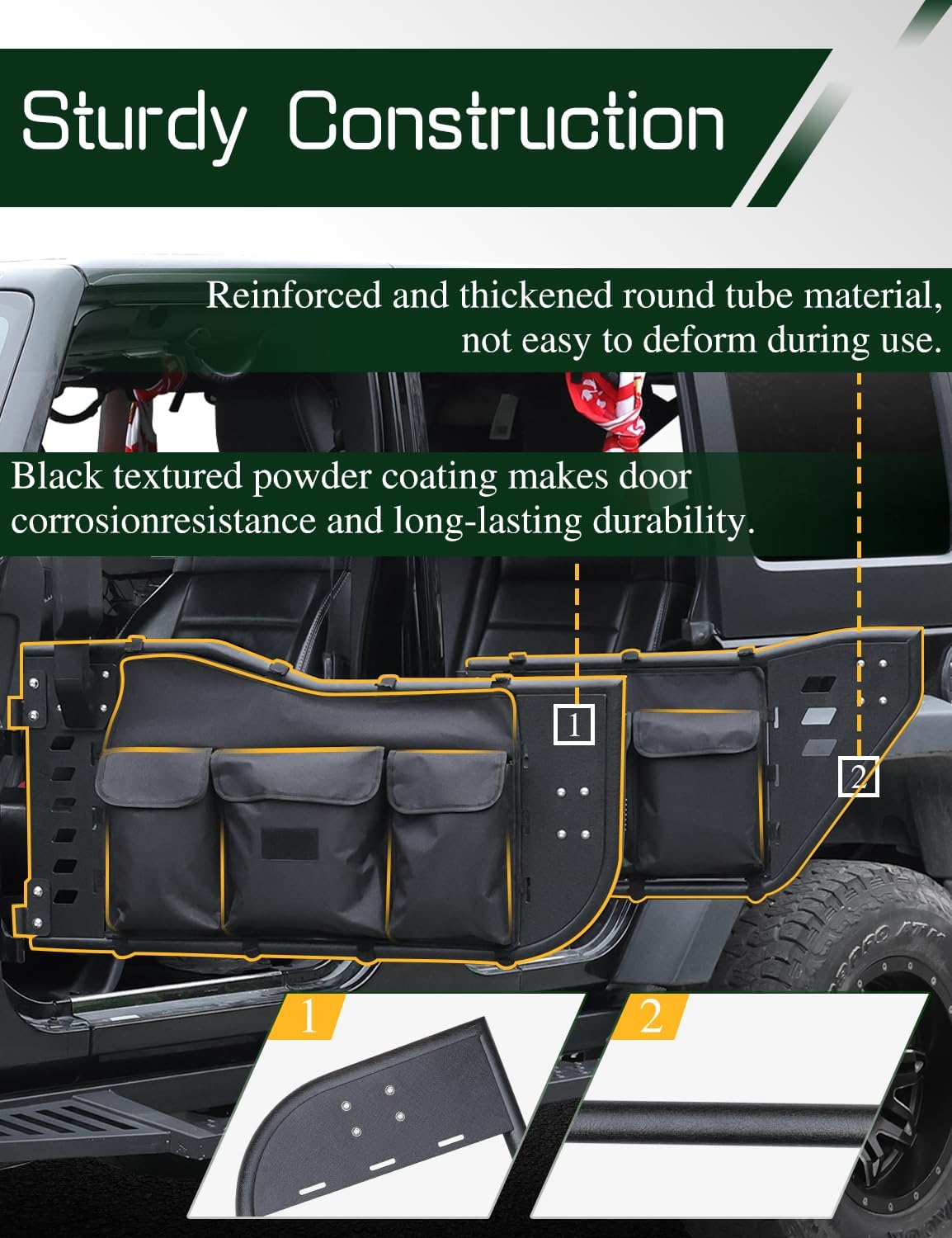 Wrangler JK Tube Half Doors Off Road Tubular Summer Doors Fit for 2007-2018 Jeep Wrangler JK Unlimited 4-Door (exclude JL & JT&2Door Models)| Front & Rear Doors 4PCS |Door storage bag
