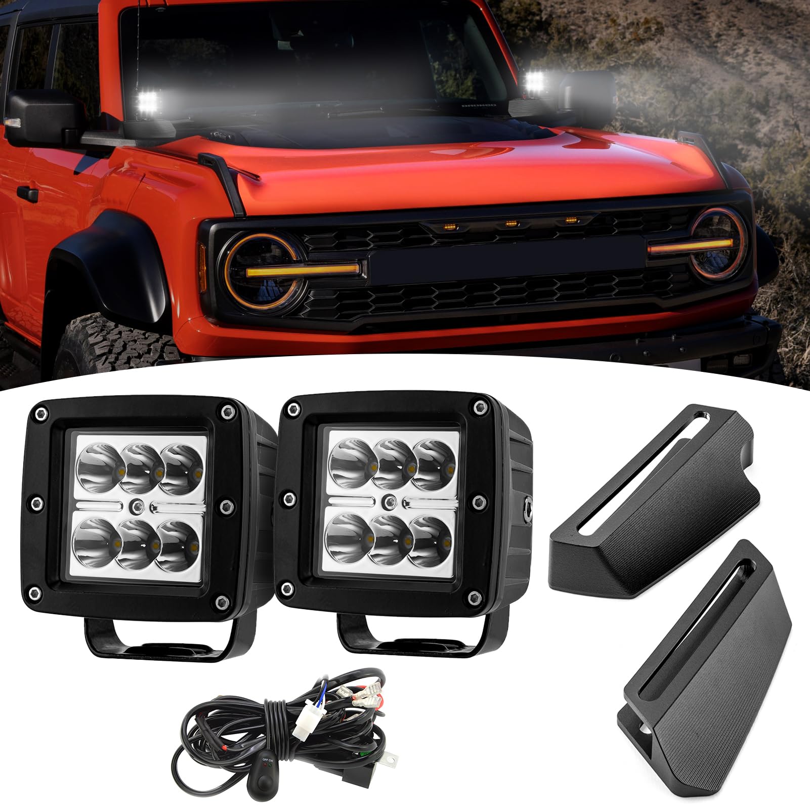 Wsays 2PCS LED Amber Light Pods & Ditch Hood Hinge LED Pod Mount Bracket w/Wiring Kit Compatible with Ford Bronco 2/4 Door 2021-2024 (Not Compatible with Bronco Sport)
