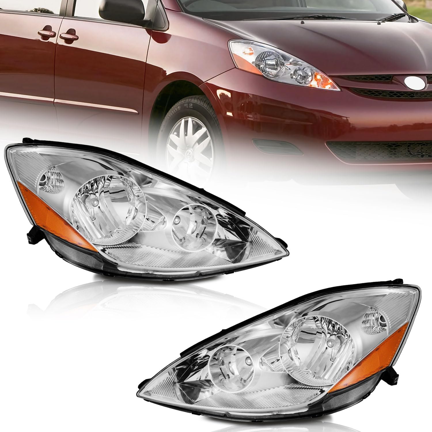 Headlight Assembly for 2006-2010 Toyota Sienna - Chrome Housing, Amber Reflector, Left & Right Side (Non-HID)