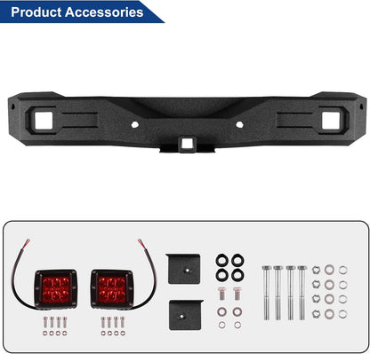 Off Road Rear Bumper Fit for Ford Bronco 2021 2022 2023 2024 2025, Heavy-duty Steel Bumper with 2 Red Lights, Hitch Receiver, Sensor Holes Not for Bronco Sport