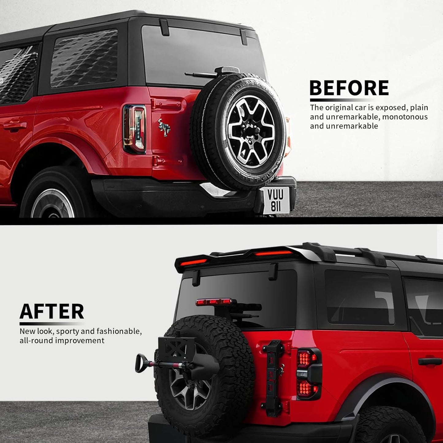 Rear Roof Spoiler for Ford Bronco 2021-2025, High Position Rear Tail Spoiler with LED Tail Light Accessories, Brake Light/Running Light/Turn Signal Light, Wing Lip Spoiler (Gloss Black)