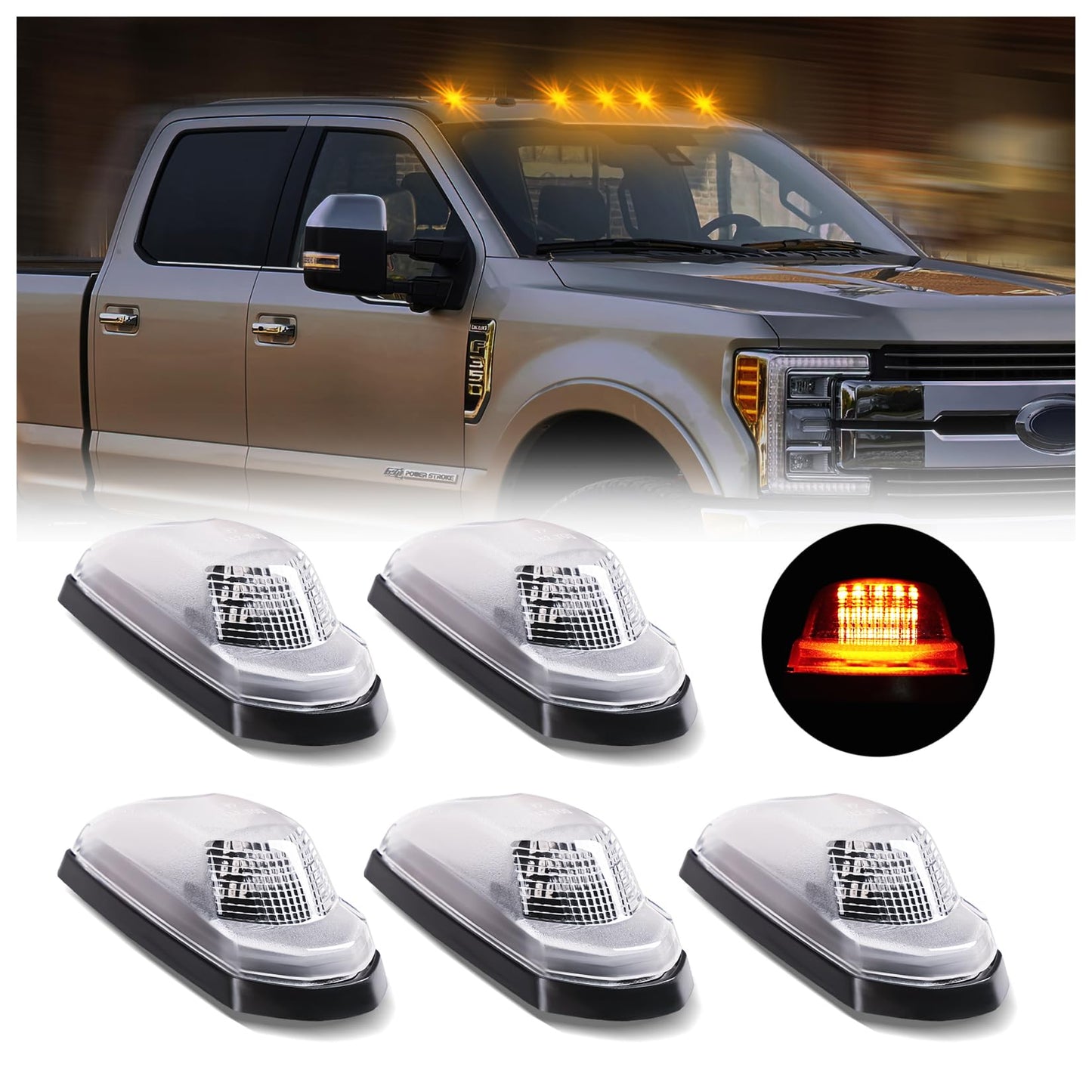 Cab Roof Top Marker Lights Amber Led Running Clearance Lamps for 2017-2022 Ford F250 F350 F450 F550 Super Duty Pickup Trucks, 5PCS (Smoked Black)