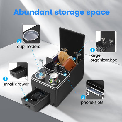 Center Console, Upgraded 7-Color Mood Lighting Center Console Organizer, Rear Bench Seat Armrest with Fast Phone Charging, Back Bench Seat Storage Box for Car Minivan Van Truck