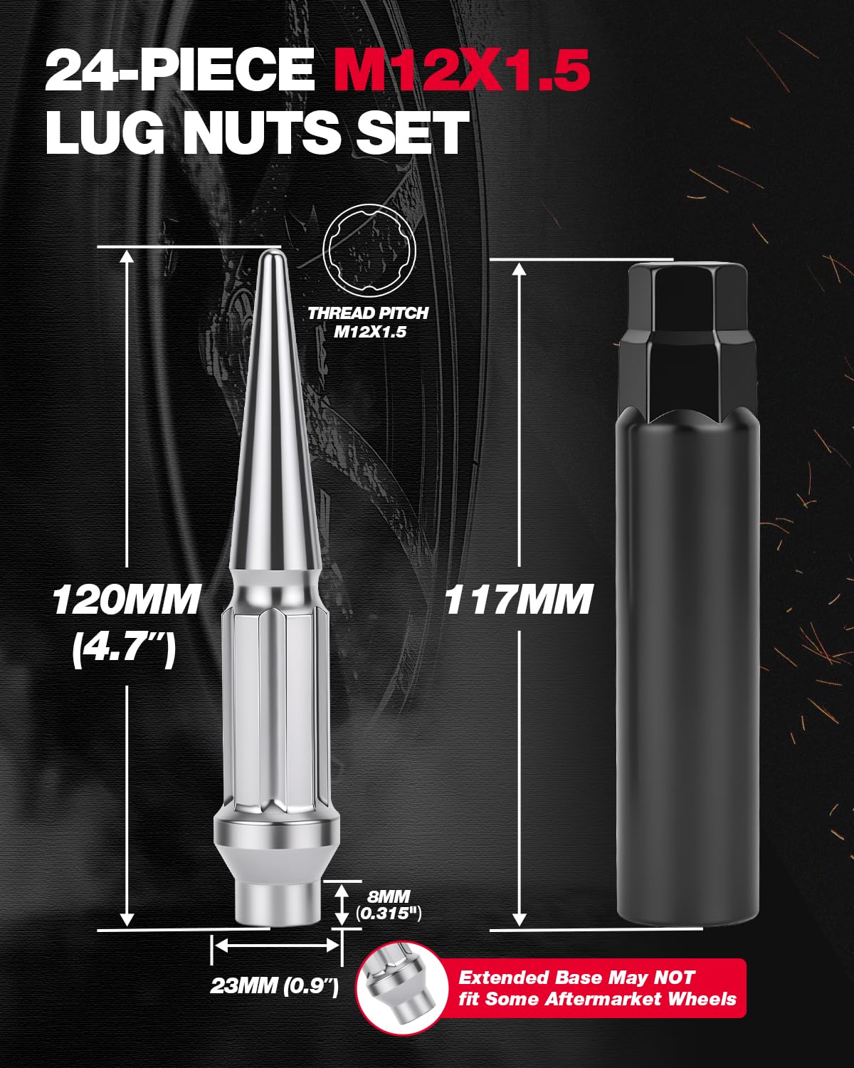24 Chrome Spike Lug Nuts fits 2021+ Ford Bronco, Chevy Colorado GMC
