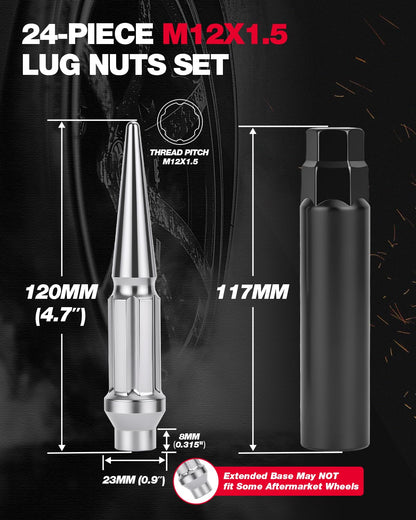 24 Chrome Spike Lug Nuts fits 2021+ Ford Bronco, Chevy Colorado GMC