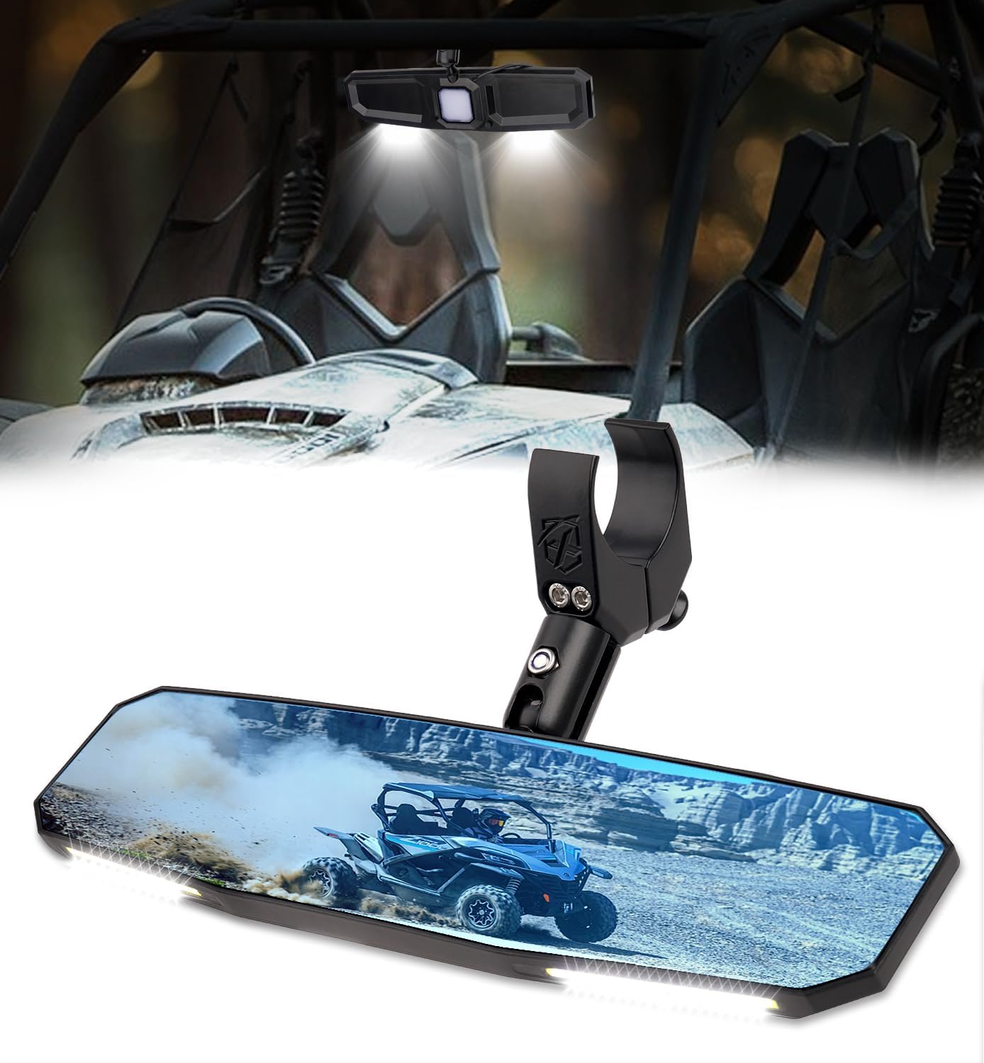 13" Aluminum UTV Rear View Mirror w/Interior Lights Adjustable Compatible with Polaris Ranger/RZR/Pioneer/Talon/Teryx/Mule/Can Am X3/ CFMOTO