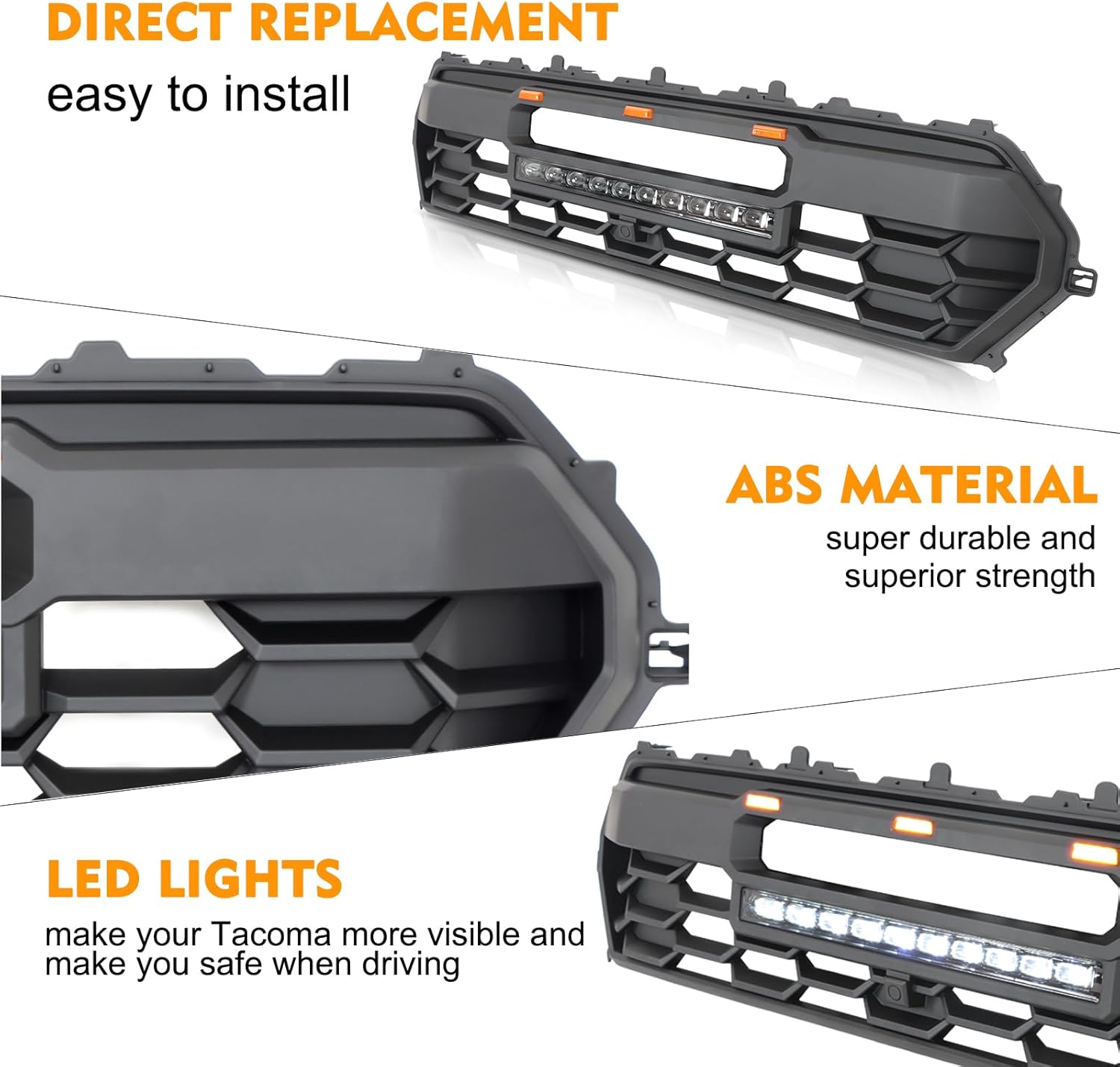 2024 Tacoma Grill Front Hollow Grill Compatible with 2024 2025 Tacoma, ABS grille with high-mount amber LED accent lights and LED Light （Glossy Black Style）