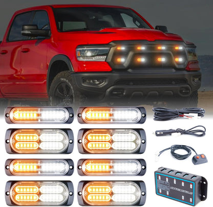 8pcs Sync Feature Emergency Strobe Grille Lights LED Ultra Slim Surface Mount Flashing Hazard Warning Light Bar with Controller for Firefighter/Construction/Trucks/Vehicles/Car - OMOTOR