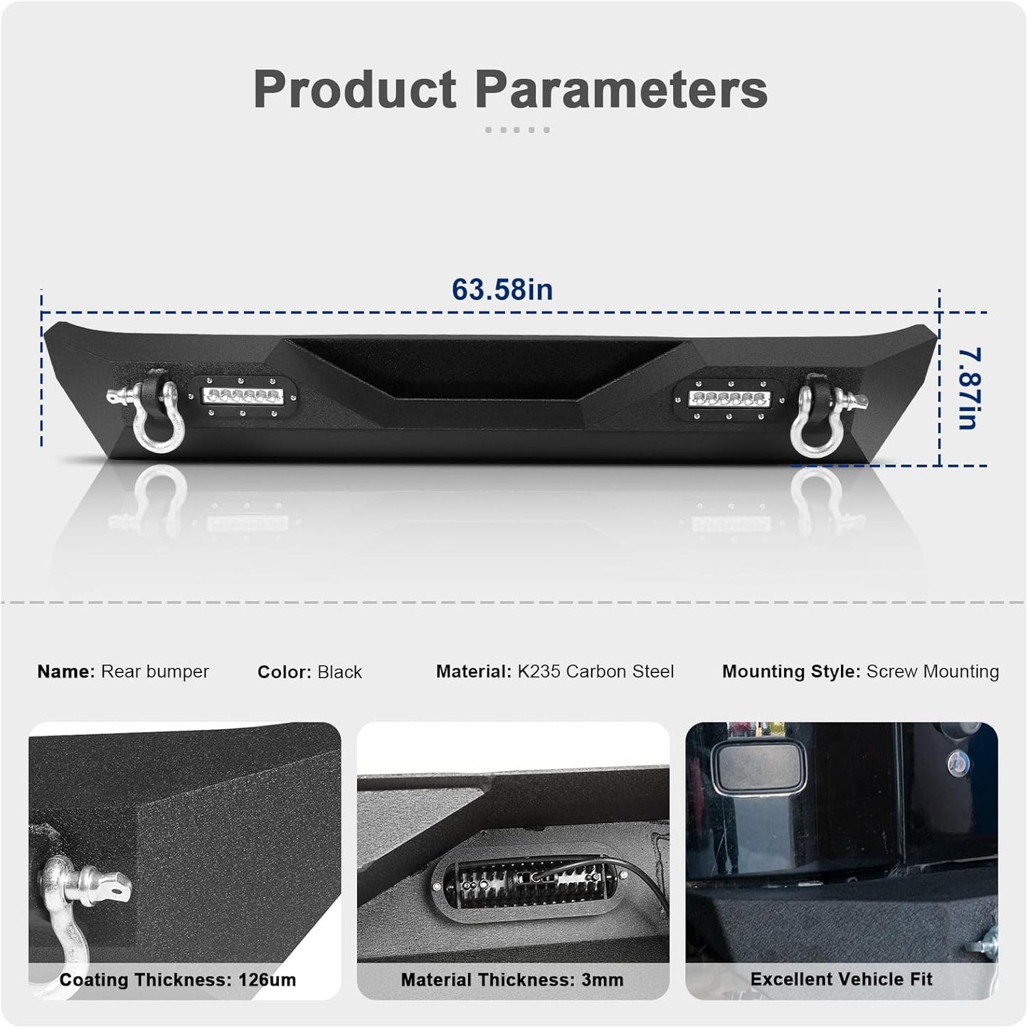 Rear Bumper compatible with Jeep Wrangler JK 2007-2018 JKU Unlimited,Steel Rear Bumper with D-rings and 2 LED Lights,Carbon Steel Black Powder-Coated