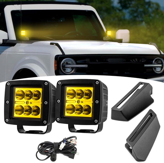 Wsays 2PCS LED Amber Light Pods & Ditch Hood Hinge LED Pod Mount Bracket w/Wiring Kit Compatible with Ford Bronco 2/4 Door 2021-2024 (Not Compatible with Bronco Sport)