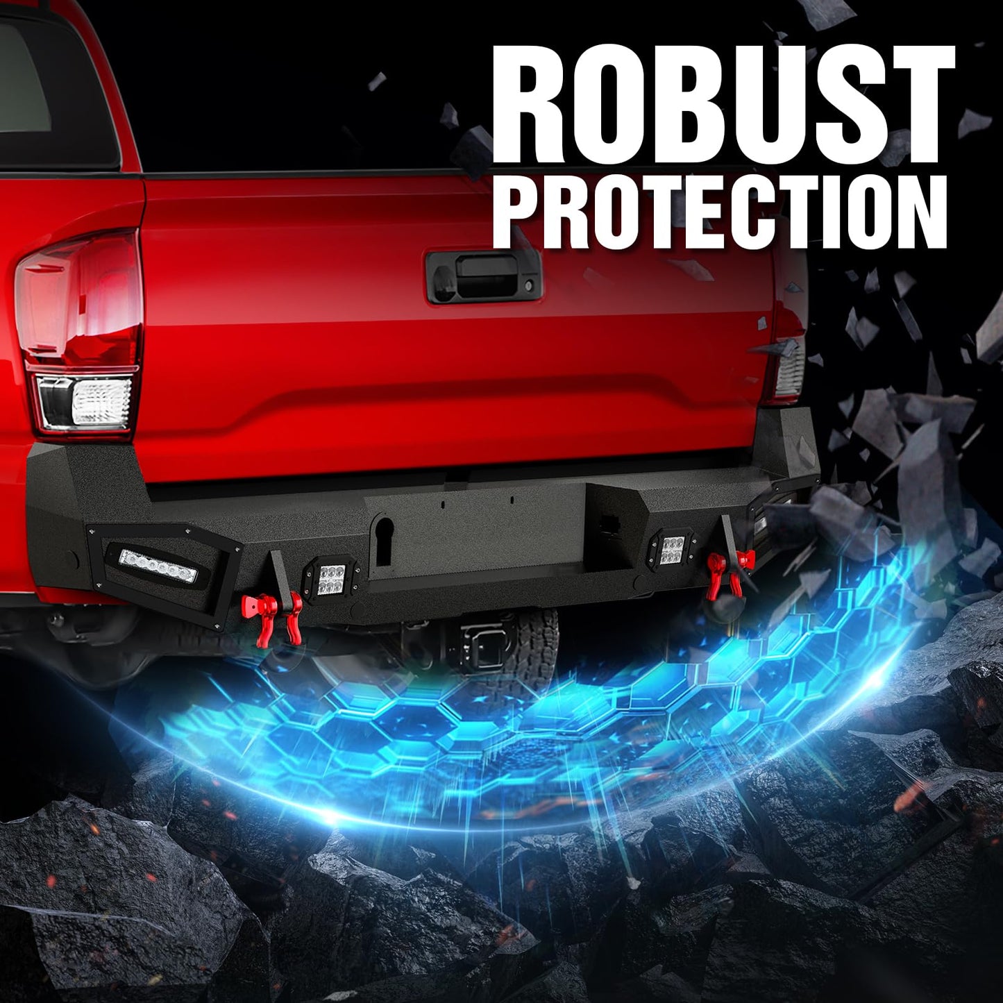 Rear Bumper Compatible with 2016-2023 Toyota Tacoma 3rd Gen with 4 x 18W LED Lights, Paintable Armor & D-rings, Sensor Holes