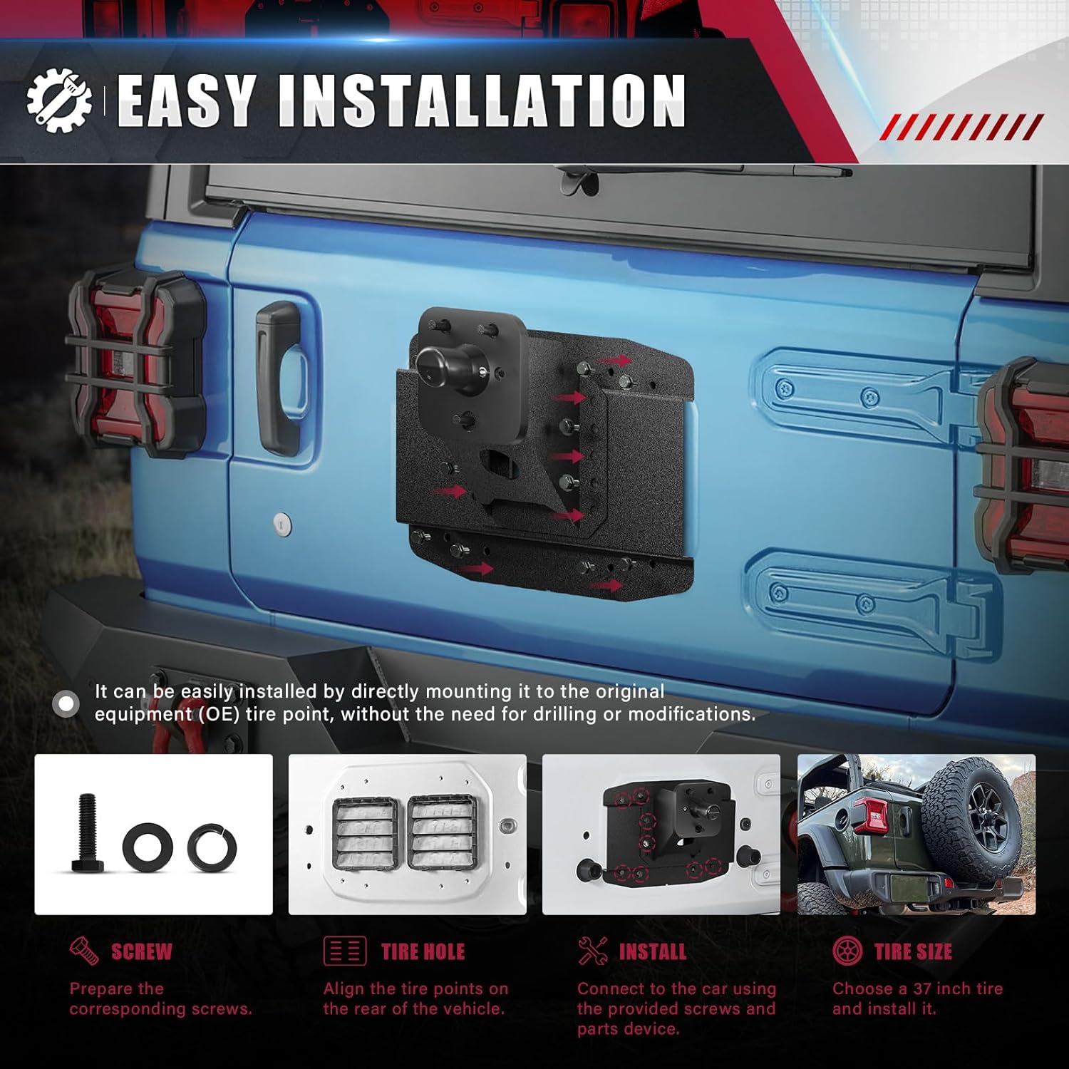 for Wrangler JL Adjustable Spare Tire Carrier Compatible with 2018-2025 Jeep Wrangler JL JLU Unlimited Heavy Duty Spare Tire Lift up to 40 inches with Rear-view Camera Slot (Camera not Included)