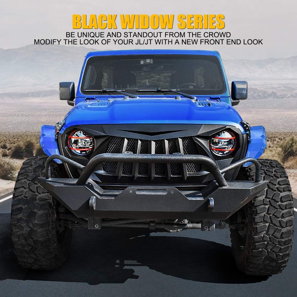 Xprite Matte Black Front Grille Grid Grill w/Mesh Compatible with 2018-2024 Jeep Wrangler JL&2020+ Gladiator JT - Black Widow Series