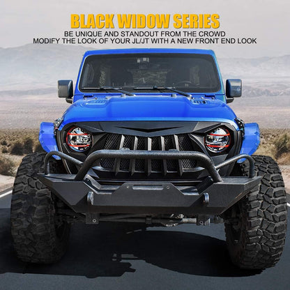 Xprite Matte Black Front Grille Grid Grill w/Mesh Compatible with 2018-2024 Jeep Wrangler JL&2020+ Gladiator JT - Black Widow Series