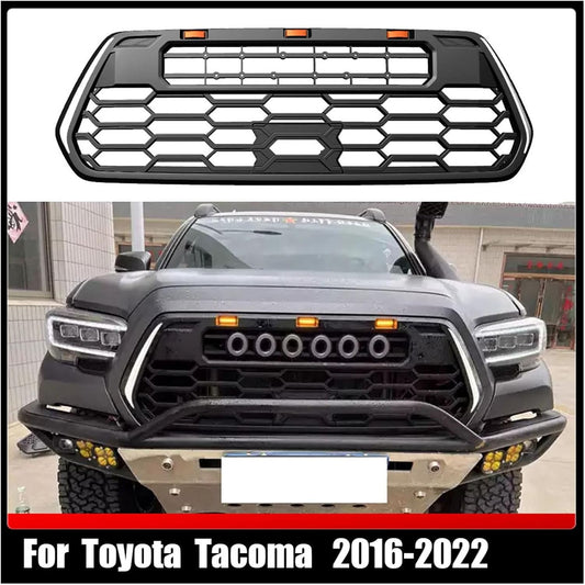Front Grille Compatible for Toyota Tacoma 2016-2022,Car Grilles ABS Accessories Pickup Front Bumper Grille Hood Racing Grill Amber Lights with 5 Letters