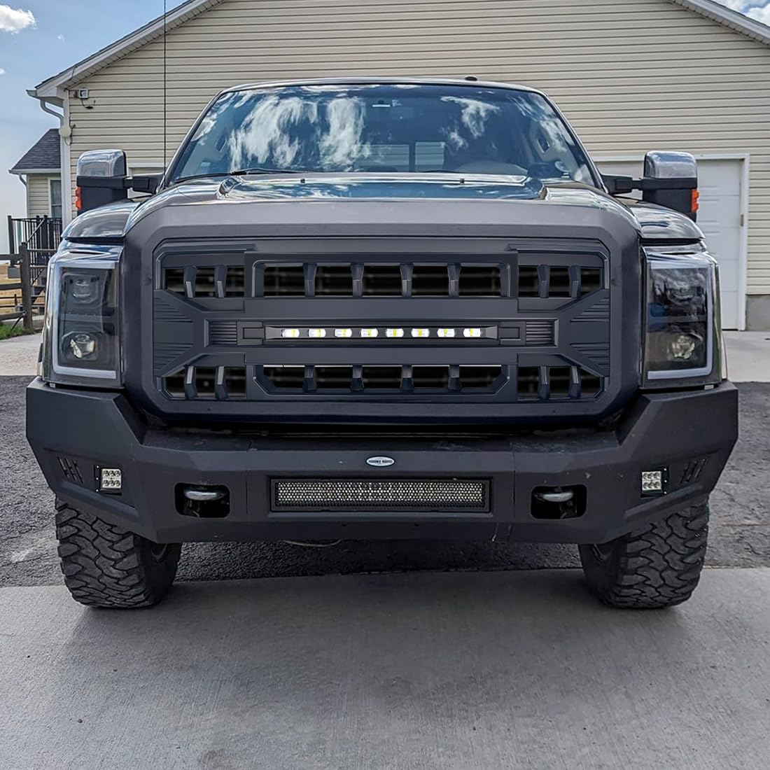 Front Grille Compatible with 2011-2016 F250 F350 F450 F550 Super Duty, Matte Black Front Bumper Grill Guard w/Off-Road Lights