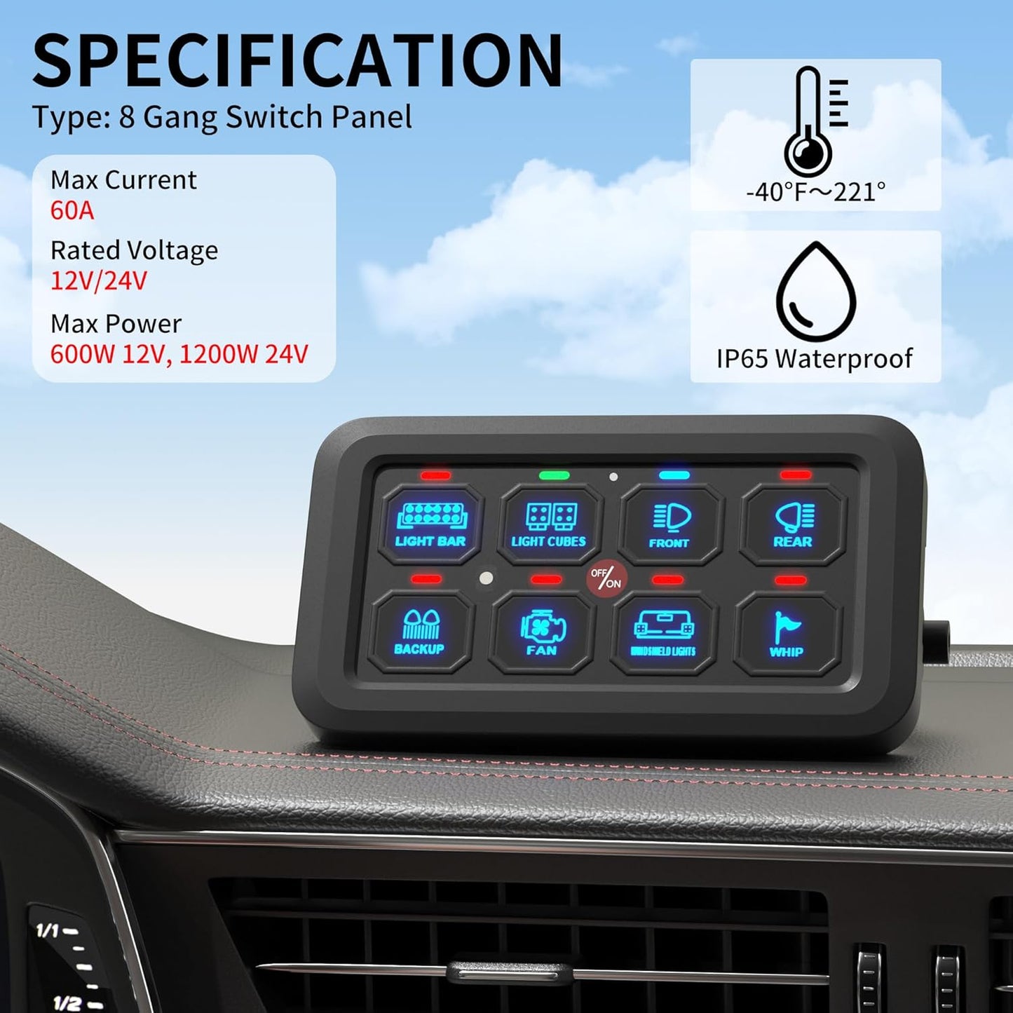 8 Gang Switch Panel RGB LED Lighted Multi-Function Switch Pod for Car ATV UTV Boat Marine