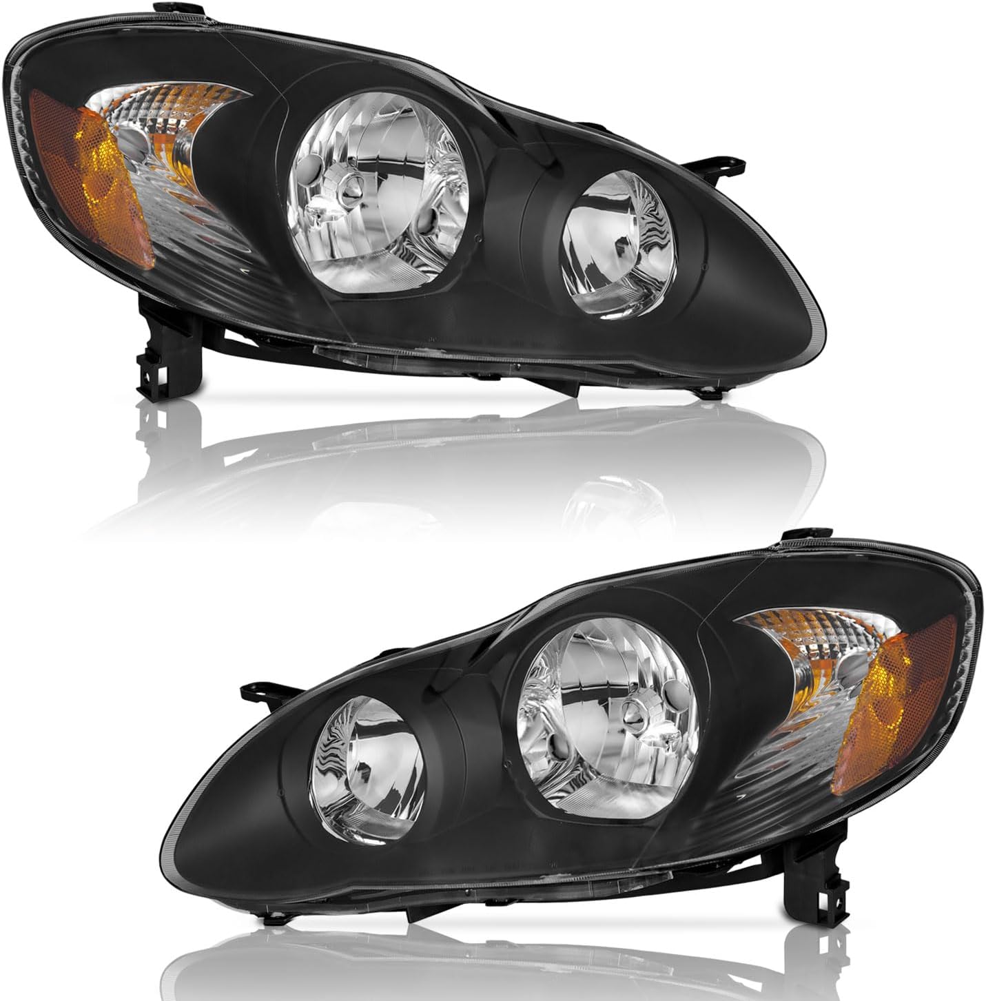 Headlights Compatible with 2003-2008 Toyota Corolla- Black/Chrome Housing, Amber Reflector (Left + Right Pair Set)