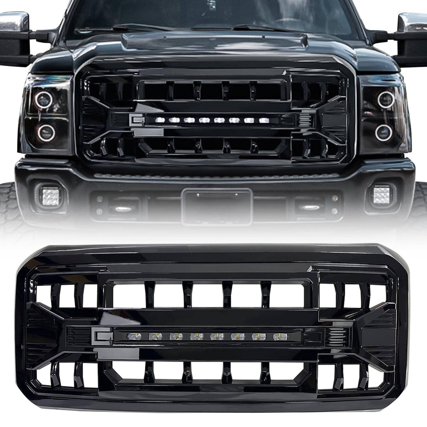 Front Grille Compatible with 2011-2016 F250 F350 F450 F550 Super Duty, Matte Black Front Bumper Grill Guard w/Off-Road Lights