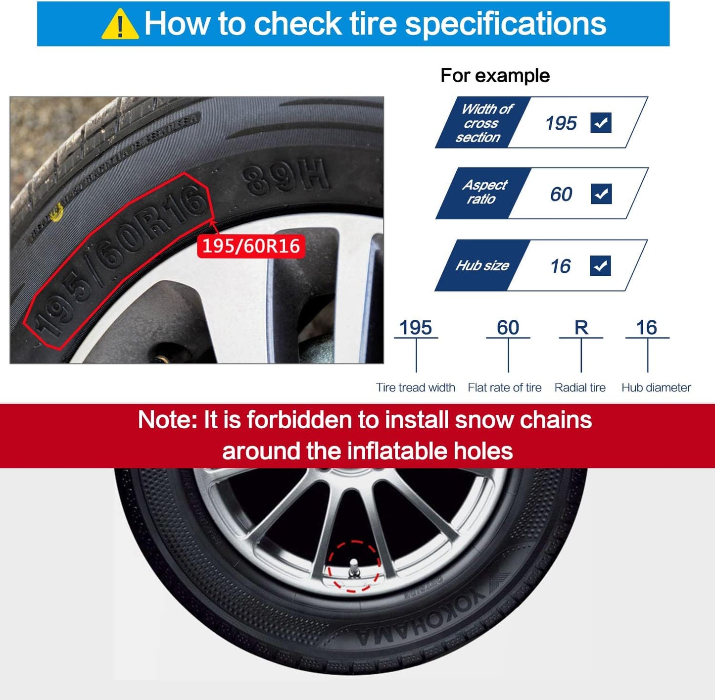 Thickened Snow Chains, 6 Pack Tire Chains for Truck SUV in Snow, Ice, Sand and Mud (Tire Width 195-225mm)