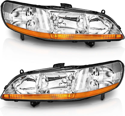 Headlight Assembly for 1994-2002 Honda Accord - Chrome/Black Housing, Amber Reflector, Left & Right Pair - OMOTOR