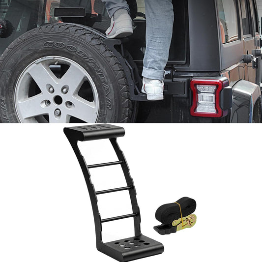 Spare Tired Step for SUV, Truck and RV with 5m Ratchet Strap Fit for 24"-35" Tires, Heavy Duty Off-Road Rear Spare Wheel Ladder with Anti-Slip Steps, Portable Car Rooftop Step, No Drill Install