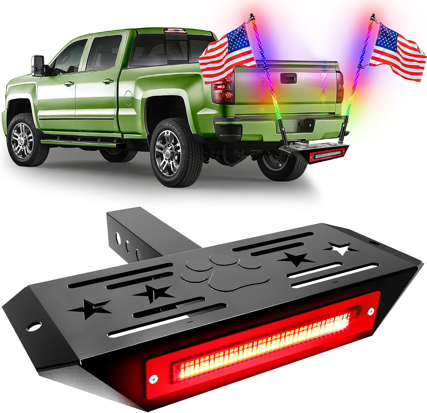 Hitch Step with Light and Whip Mount Holes Fit 2" Receiver Steel Construction Powder Matte Coated for Trucks Chevy Ford Toyota GMC Dodge RAM Jeep ATVs SUVs Vans