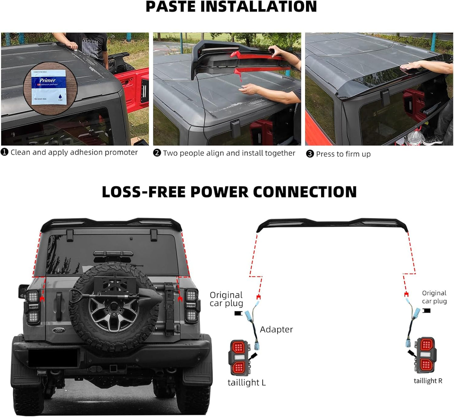 Rear Roof Spoiler for Ford Bronco 2021-2025, High Position Rear Tail Spoiler with LED Tail Light Accessories, Brake Light/Running Light/Turn Signal Light, Wing Lip Spoiler (Gloss Black)