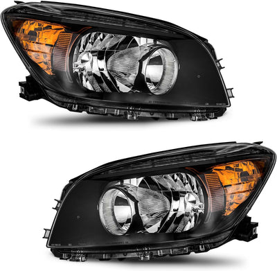 Headlight Assembly for 2006-2008 Toyota RAV4 - Halogen Black/Chrome Housing with Amber Reflector (Pair)