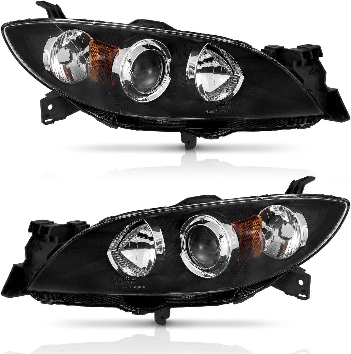 Headlight Assembly for 2004-2009 Mazda 3 Sedan - Black/Chrome Housing, Projector Style (Not for HID or Hatchback Models)