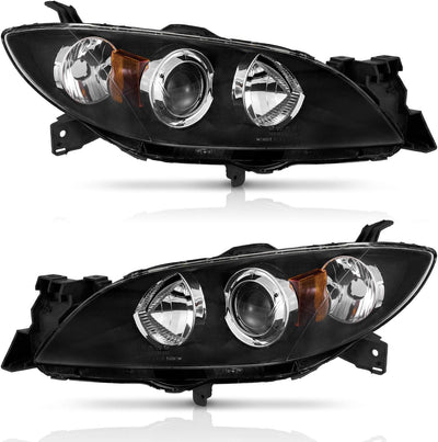 Headlight Assembly for 2004-2009 Mazda 3 Sedan - Black/Chrome Housing, Projector Style (Not for HID or Hatchback Models)