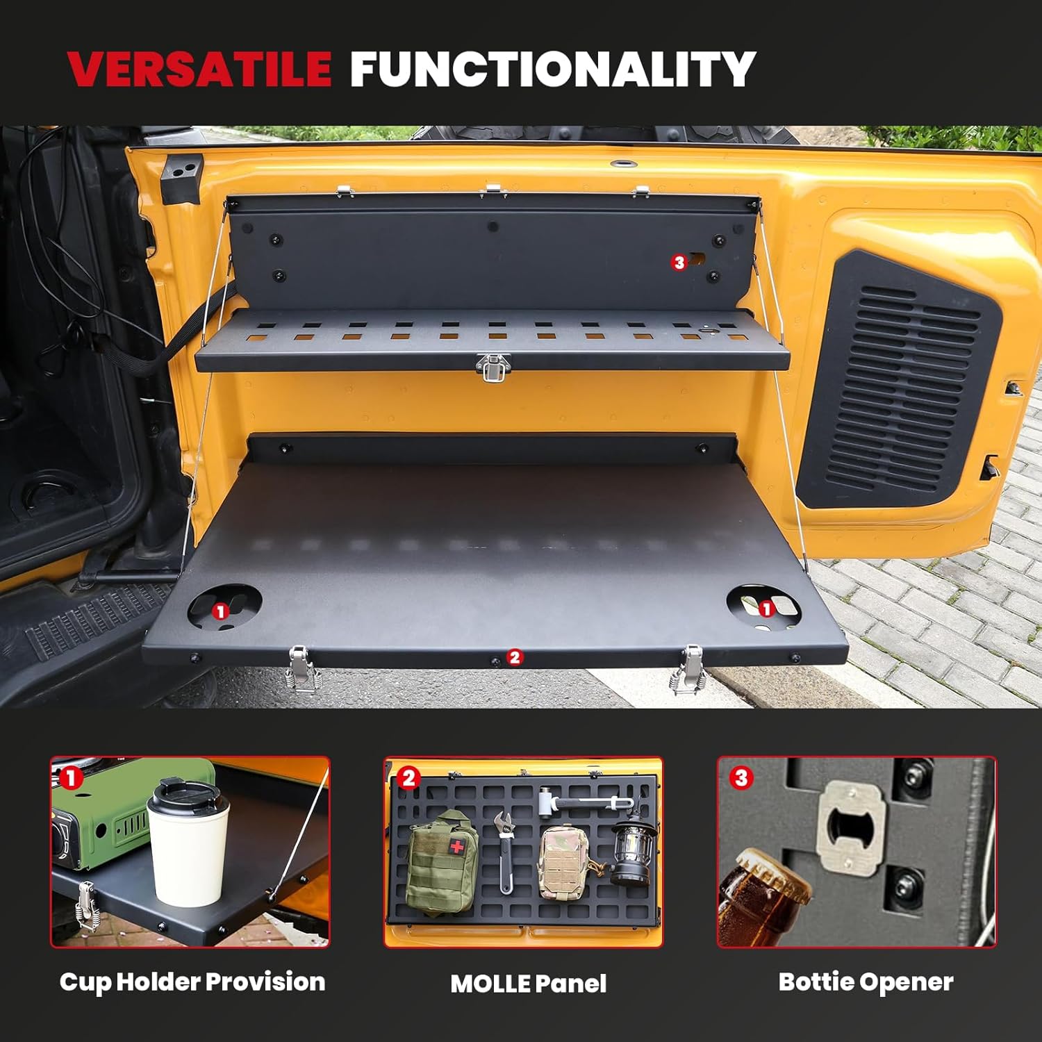 Tailgate Table fits for 2021-2024 Ford Bronco Double-Layer Cargo Shelf,Foldable Molle Panel,Carbon Steel,Easy to Install