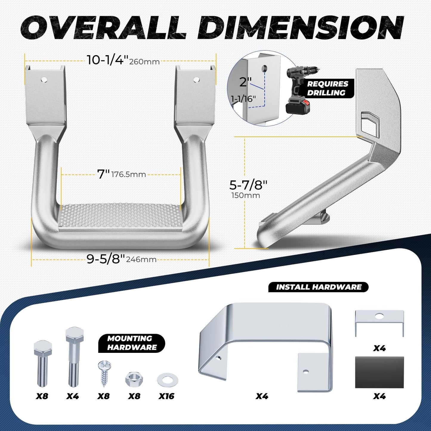 Universal Aluminum Side Step with Mounting Brackets for Pickups & Trucks
