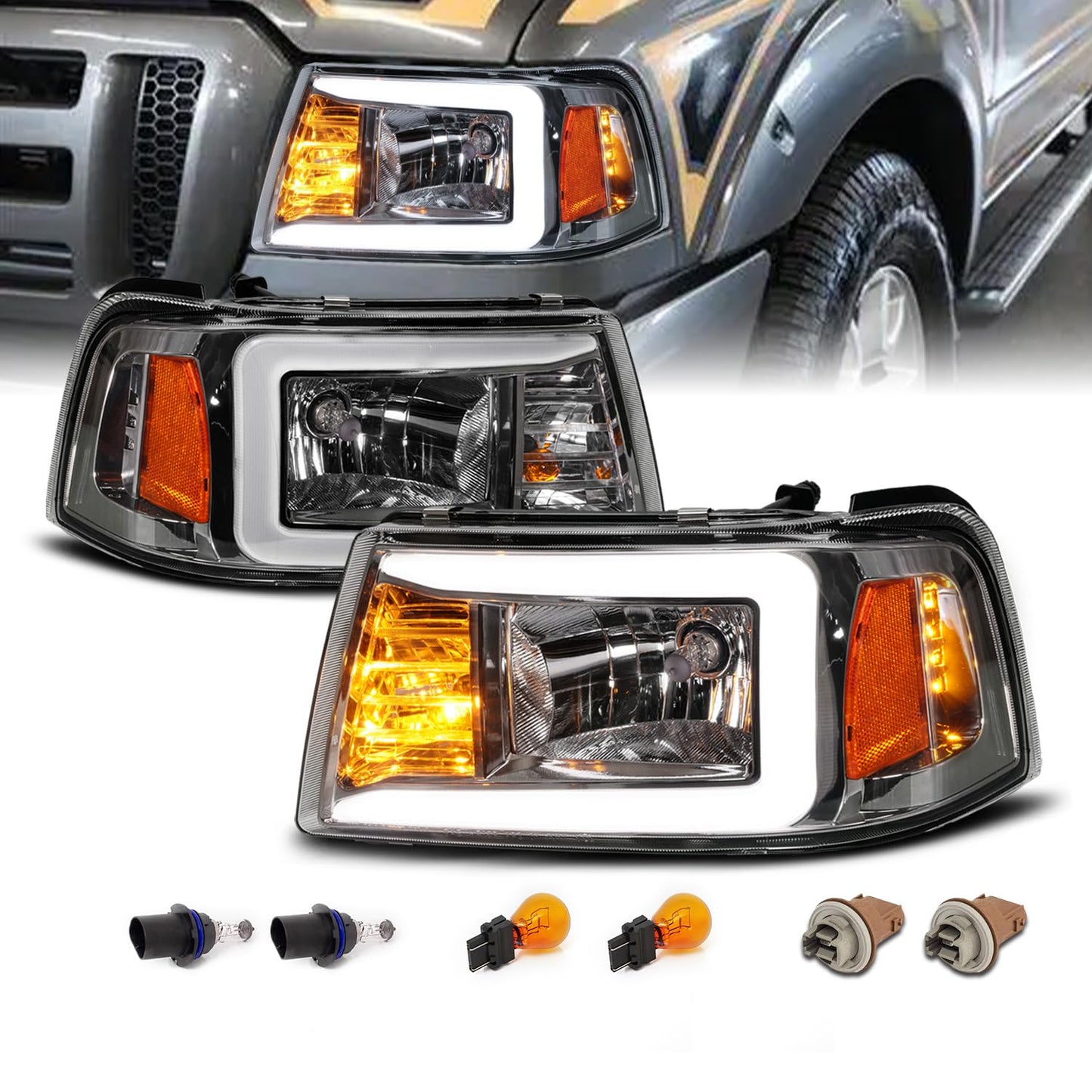 2Pcs LED Tube Black Replacement Headlights Corner Lamp Set for Ford Ranger 2001-2011