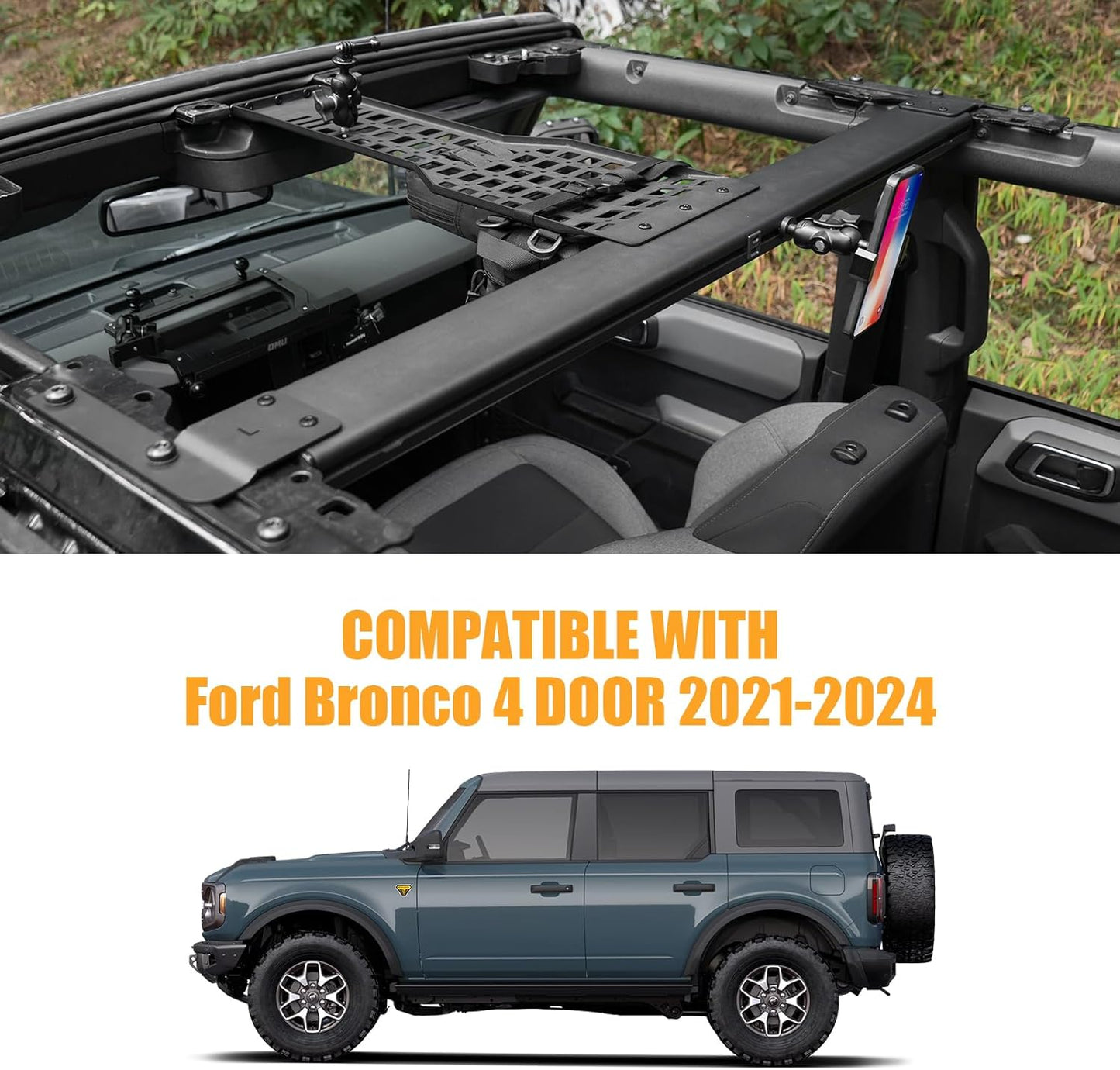 Overhead Molle Panel Compatible with Ford Bronco 2021 - 2024 4-Door Hardtop with Integrated LED Ceiling Light (Not fit Sport and 2-Door)