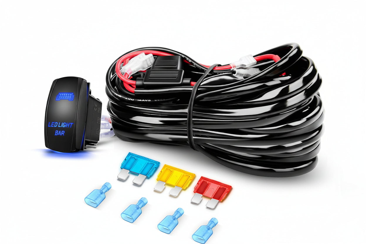 10014W LED Light Bar Wiring Harness Kit 14AWG Heavy Duty 12V 5Pin Rocker Laser On Off Waterproof Switch Power Relay Blade Fuse