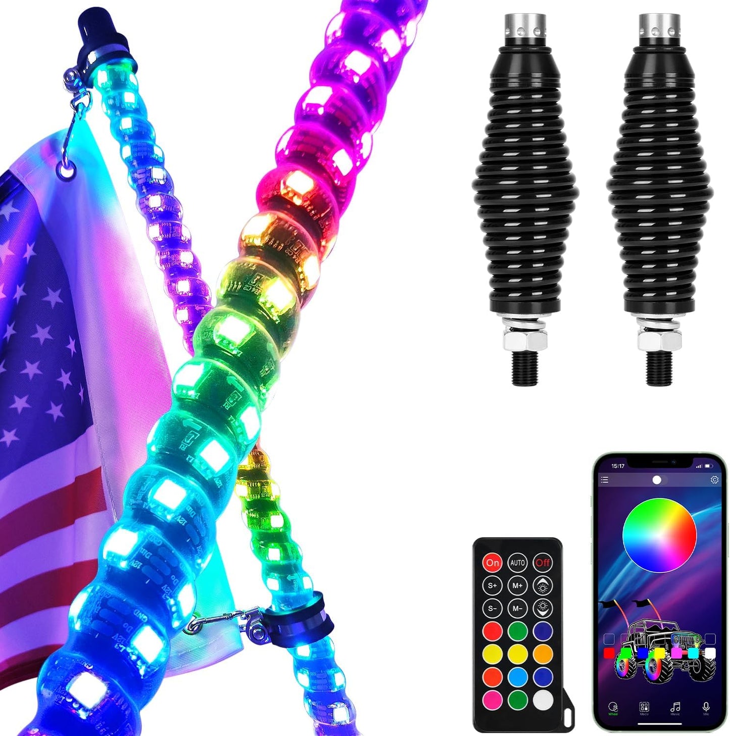 OHMU 2pcs 3FT Led Whip Lights with Bluetooth,Remote Control [Spring Base] [300 Colors] [366 Lighting Modes] 360°Spiraling Rising Dream Wrapped Dancing Offroad Warning Antenna Whips for Side by Side