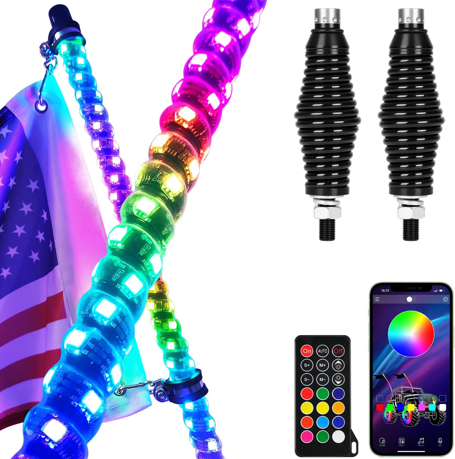2pcs 3FT Led Whip Lights with Bluetooth,Remote Control [Spring Base] [300 Colors] [366 Lighting Modes] 360°Spiraling Rising Dream Wrapped Dancing Offroad Warning Antenna Whips for Side by Side