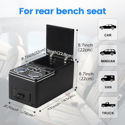 Center Console, Upgraded 7-Color Mood Lighting Center Console Organizer, Rear Bench Seat Armrest with Fast Phone Charging, Back Bench Seat Storage Box for Car Minivan Van Truck
