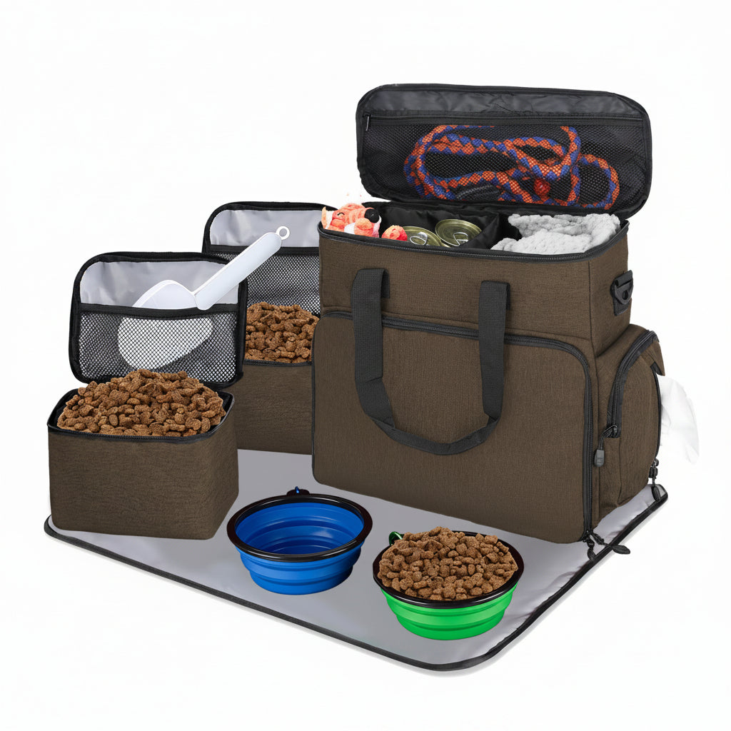 Dog Travel Bag Airline Approved–Pet Travel Tote with Collapsible Bowls,Food Containers & Feeding Mat–Multi-Pocket Organizer for Dogs & Cats, Durable & Water-Resistant for Hiking,Trips,Outdoors