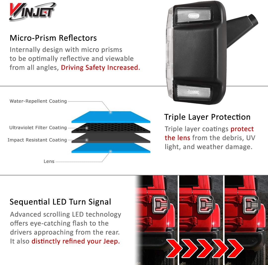 Winjet Tail Lamps Compatible with Jeep [2018-2025 Wrangler JL] & [2021-2025 Jeep Wrangler 4XE Plugin] LED Sequential Tail Lights (Black Clear)