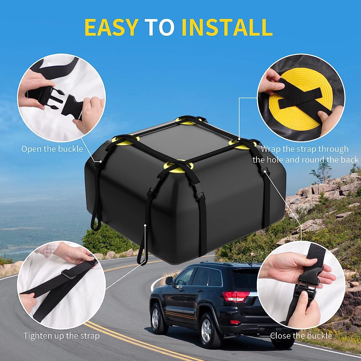 Rooftop Car Cargo Carrier Bag 15 Cubic Feet, Waterproof Car Rooftop Bag with Anti-Slip Mat and 6 Door Hooks, Suitable for All Vehicle with/Without Rack