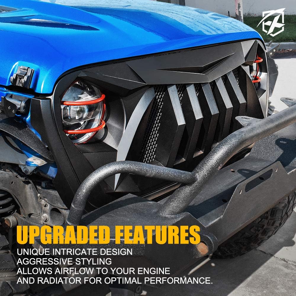 Xprite Matte Black Front Grille Grid Grill w/Mesh Compatible with 2018-2024 Jeep Wrangler JL&2020+ Gladiator JT - Black Widow Series