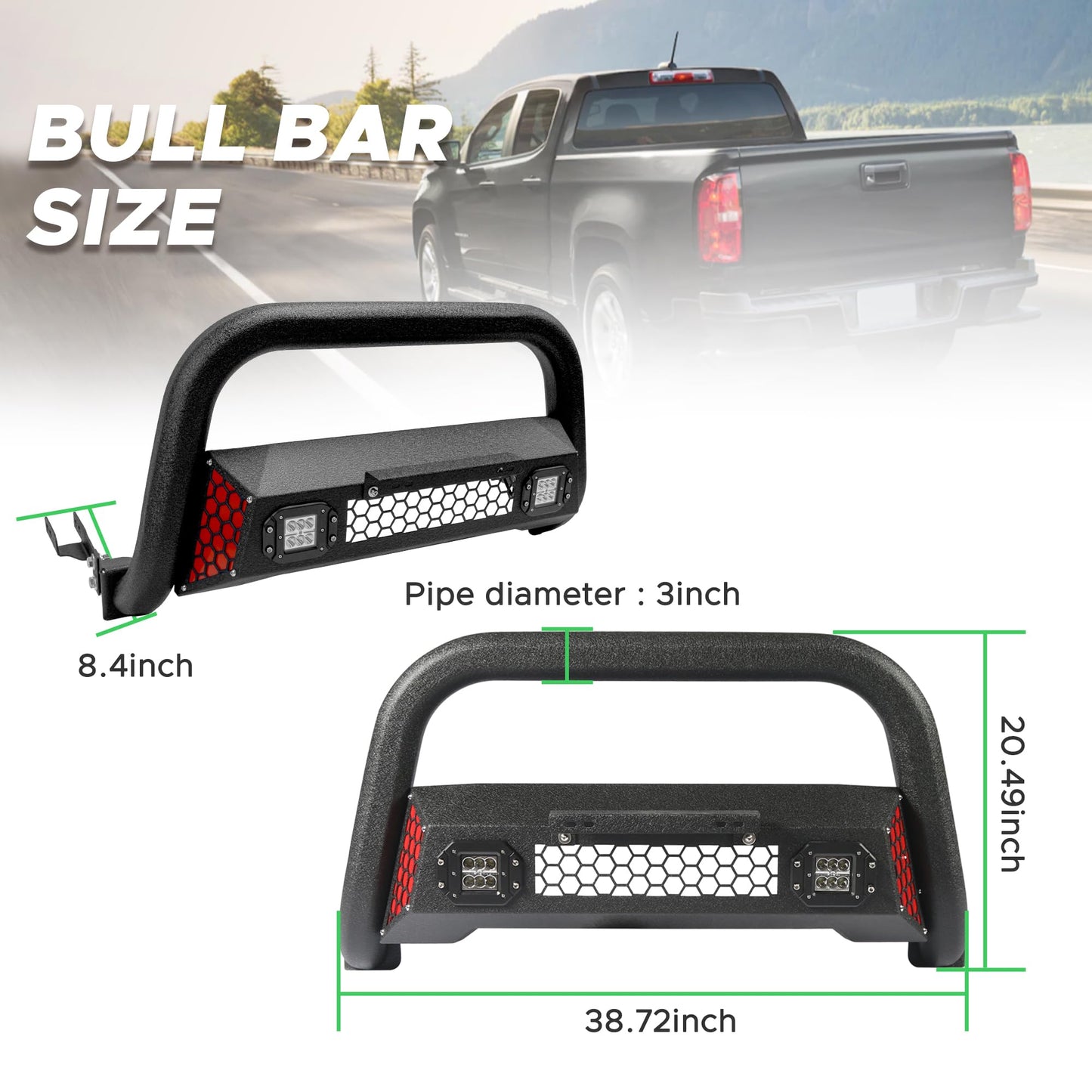 Bull Bar Fit for Chevy Colorado 2015-2026 with LED Light & w/License Plate