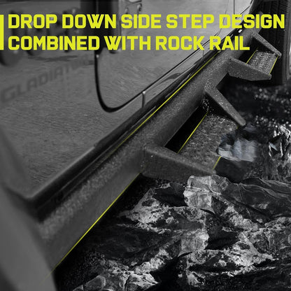 BINARY STAR Curve Design Running Boards Compatible with Vehicle 2020-2025 Jeep Gladiator Jt 4 Door, Rock Rails Sliders Drop Down Side Steps Made with Carbon Steel.
